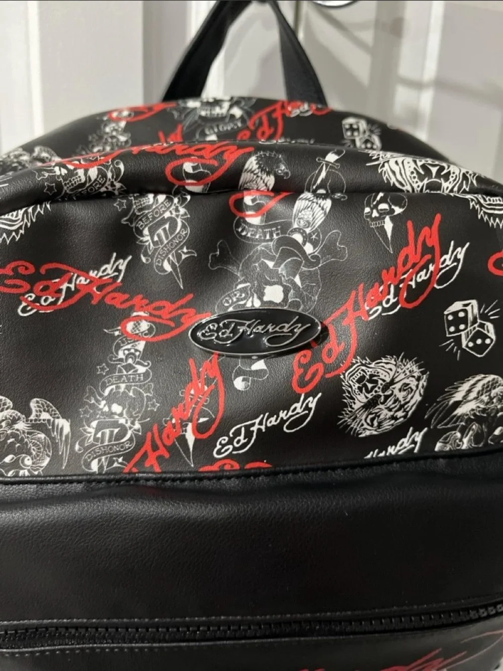 Ed Hardy Black Backpack with Red & White Graphic Skull